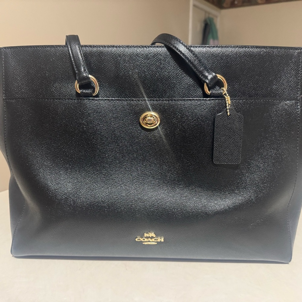 Coach Black Leather Tote with Gold Accents